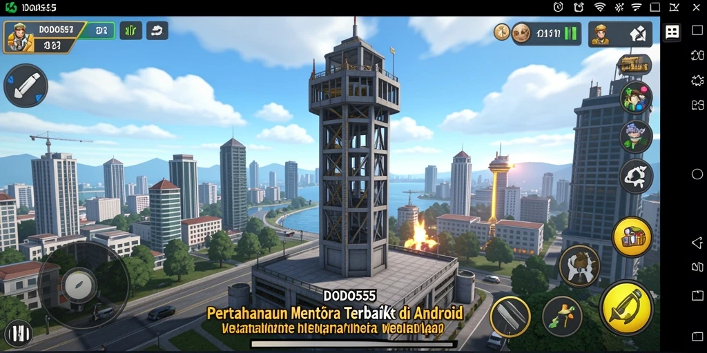 Tampilan seru gameplay DODO555 dengan menara dan musuh yang beragam.
